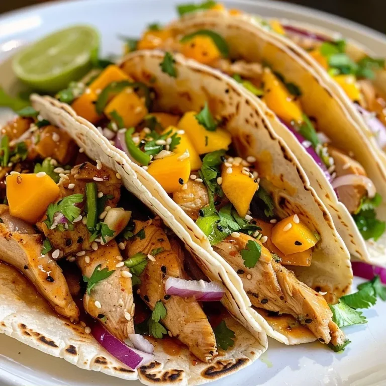 ['Tacos de pollo pegajoso con salsa brillante y ingredientes frescos.', 'Close-up de tacos rellenos de pollo, mango y cilantro.', 'Vista lateral de tacos de pollo jugosos con salsa y guarniciones.', 'Tacos de pollo pegajoso decorados con semillas de sésamo.']
