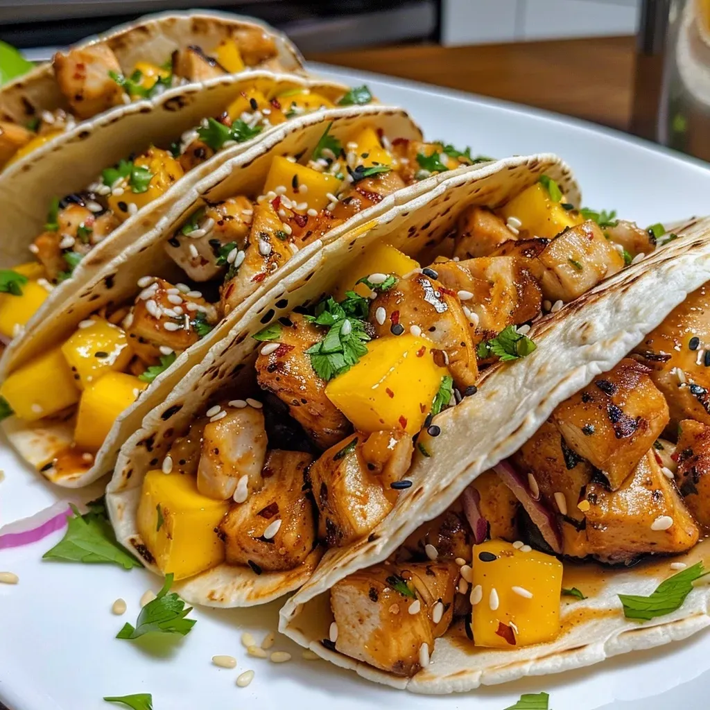 ['Tacos de pollo pegajoso con salsa brillante y ingredientes frescos.', 'Close-up de tacos rellenos de pollo, mango y cilantro.', 'Vista lateral de tacos de pollo jugosos con salsa y guarniciones.', 'Tacos de pollo pegajoso decorados con semillas de sésamo.']