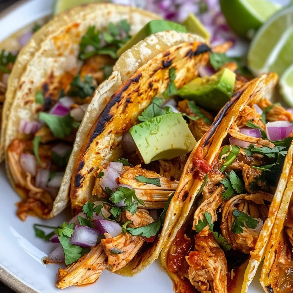 Tacos de pollo tinga jugosos con ingredientes frescos.