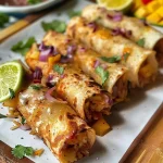 ['Taquitos de pescado con col morada y mango en una presentación apetitosa.', 'Vista lateral de taquitos de pescado, acompañados de col morada y trozos de mango.', 'Close up de taquitos de pescado con ingredientes frescos como col morada y mango.', 'Deliciosos taquitos de pescado combinados con col morada y mango en un plato.']