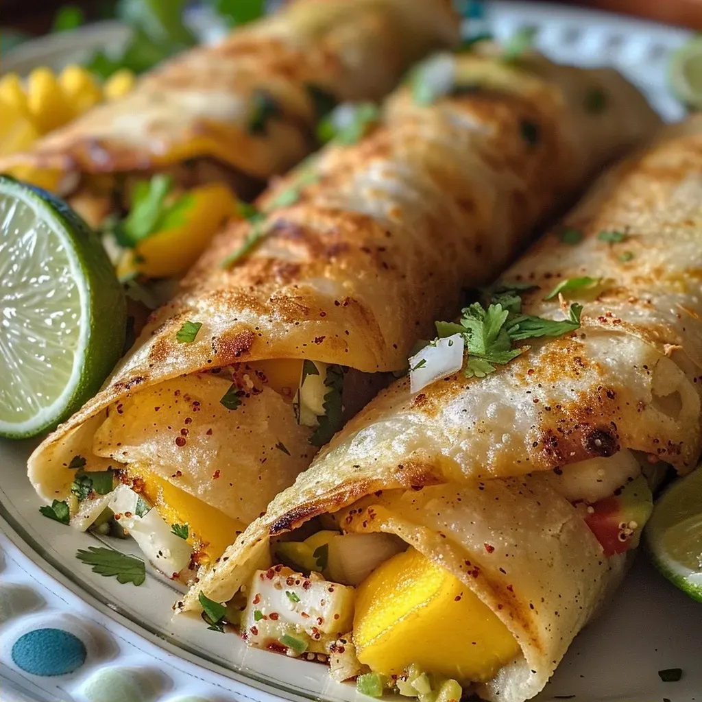 ['Taquitos de pescado con col morada y mango en una presentación apetitosa.', 'Vista lateral de taquitos de pescado, acompañados de col morada y trozos de mango.', 'Close up de taquitos de pescado con ingredientes frescos como col morada y mango.', 'Deliciosos taquitos de pescado combinados con col morada y mango en un plato.']