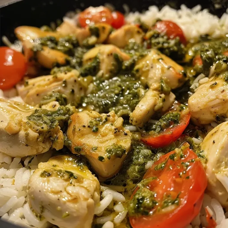 ['Tazón de arroz con pollo y pesto cremoso.', 'Primer plano de un delicioso tazón de pollo con pesto.', 'Tazón de arroz, pollo y pesto con espinacas y tomates.', 'Plato de arroz con pollo en salsa de pesto cremoso.']