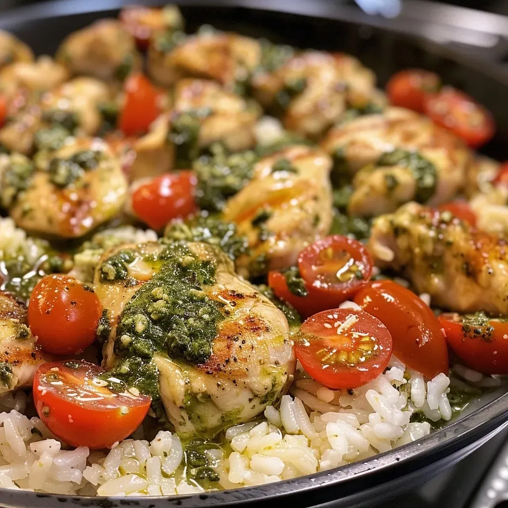 ['Tazón de arroz con pollo y pesto cremoso.', 'Primer plano de un delicioso tazón de pollo con pesto.', 'Tazón de arroz, pollo y pesto con espinacas y tomates.', 'Plato de arroz con pollo en salsa de pesto cremoso.']