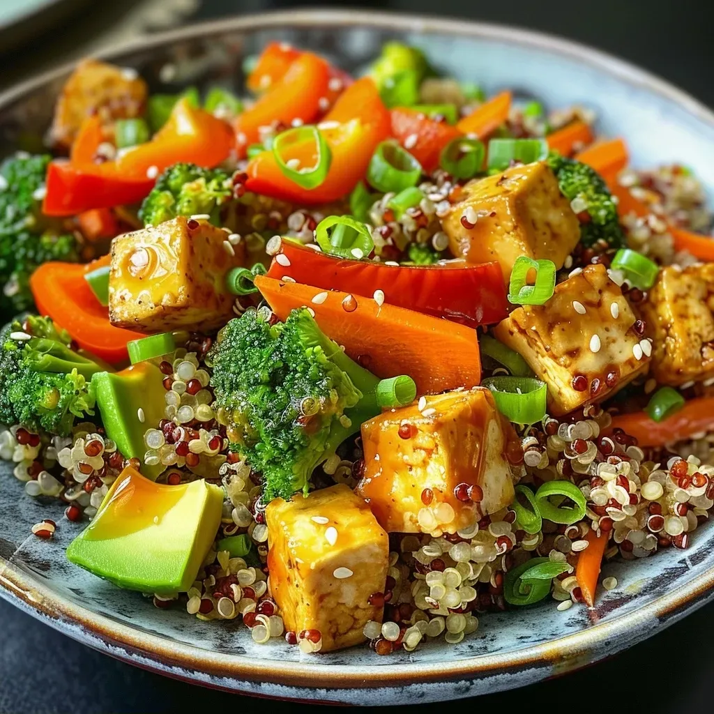 Tazón de quinoa colorido con tofu y verduras frescas.