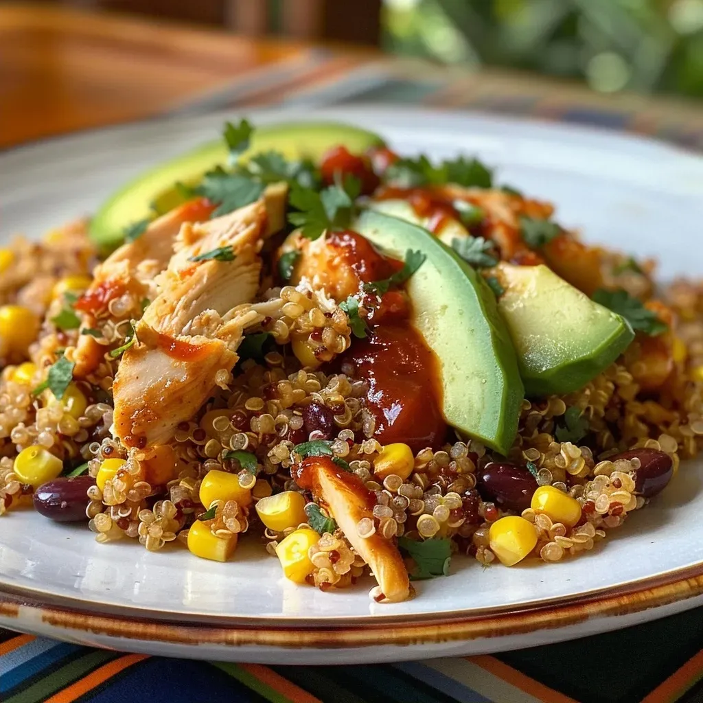 Tazón de quinoa con pollo a la BBQ, maíz y aguacate.