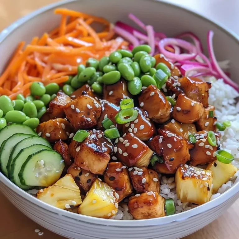 ['Tazón de pollo teriyaki con ingredientes frescos y coloridos.', 'Primer plano de un poke bowl de pollo teriyaki con verduras y salsa.', 'Teriyaki Chicken Poke Bowl con arroz, pollo y guarniciones variadas.', 'Vista lateral de un poke bowl de pollo teriyaki lleno de ingredientes saludables.']