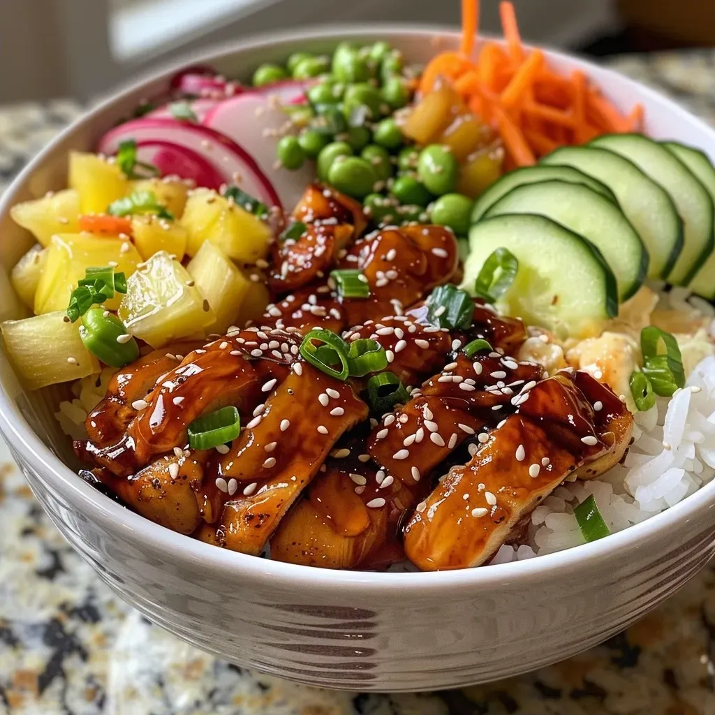 ['Tazón de pollo teriyaki con ingredientes frescos y coloridos.', 'Primer plano de un poke bowl de pollo teriyaki con verduras y salsa.', 'Teriyaki Chicken Poke Bowl con arroz, pollo y guarniciones variadas.', 'Vista lateral de un poke bowl de pollo teriyaki lleno de ingredientes saludables.']