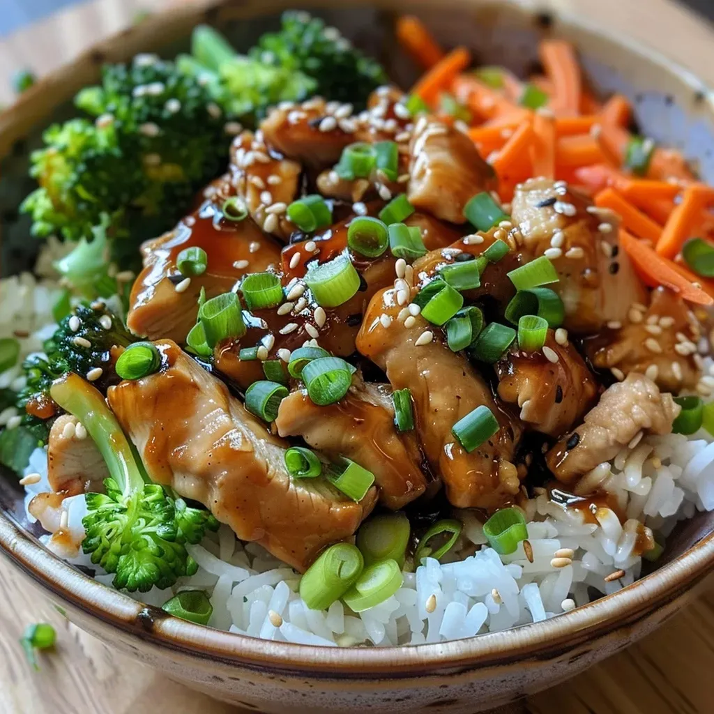 ['Tazón de arroz con pollo teriyaki acompañado de vegetales.', 'Primer plano de un bowl de pollo teriyaki con arroz y verduras.', 'Tazón de arroz con pollo teriyaki, brócoli y zanahorias.', 'Arroz con pollo teriyaki y aderezos en un plato atractivo.']