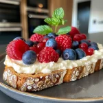 ['Tostada de mascarpone con frutas del bosque.', 'Rebanada de pan integral con mascarpone y bayas.', 'Imagen lateral de una tostada de mascarpone y frutas.', 'Tostada de mascarpone decorada con fresas y arándanos.']