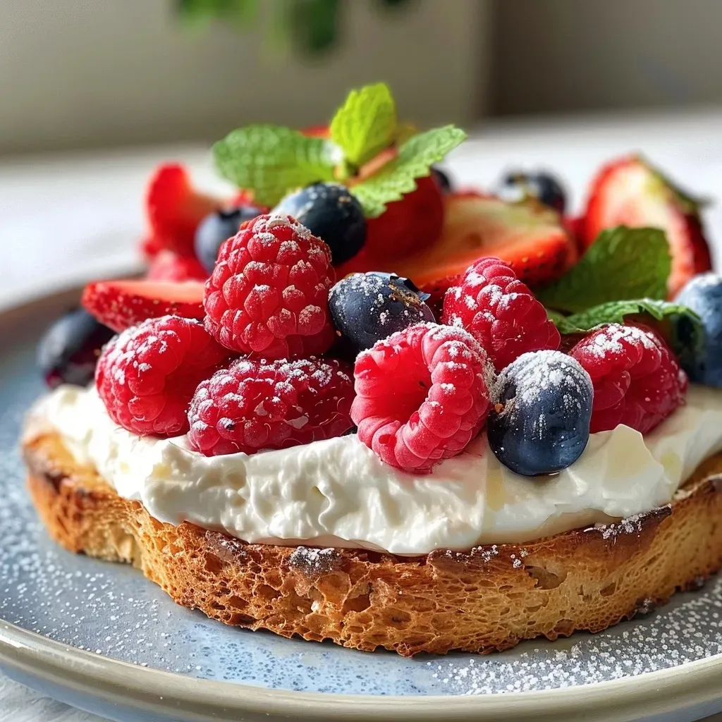 ['Tostada de mascarpone con frutas del bosque.', 'Rebanada de pan integral con mascarpone y bayas.', 'Imagen lateral de una tostada de mascarpone y frutas.', 'Tostada de mascarpone decorada con fresas y arándanos.']