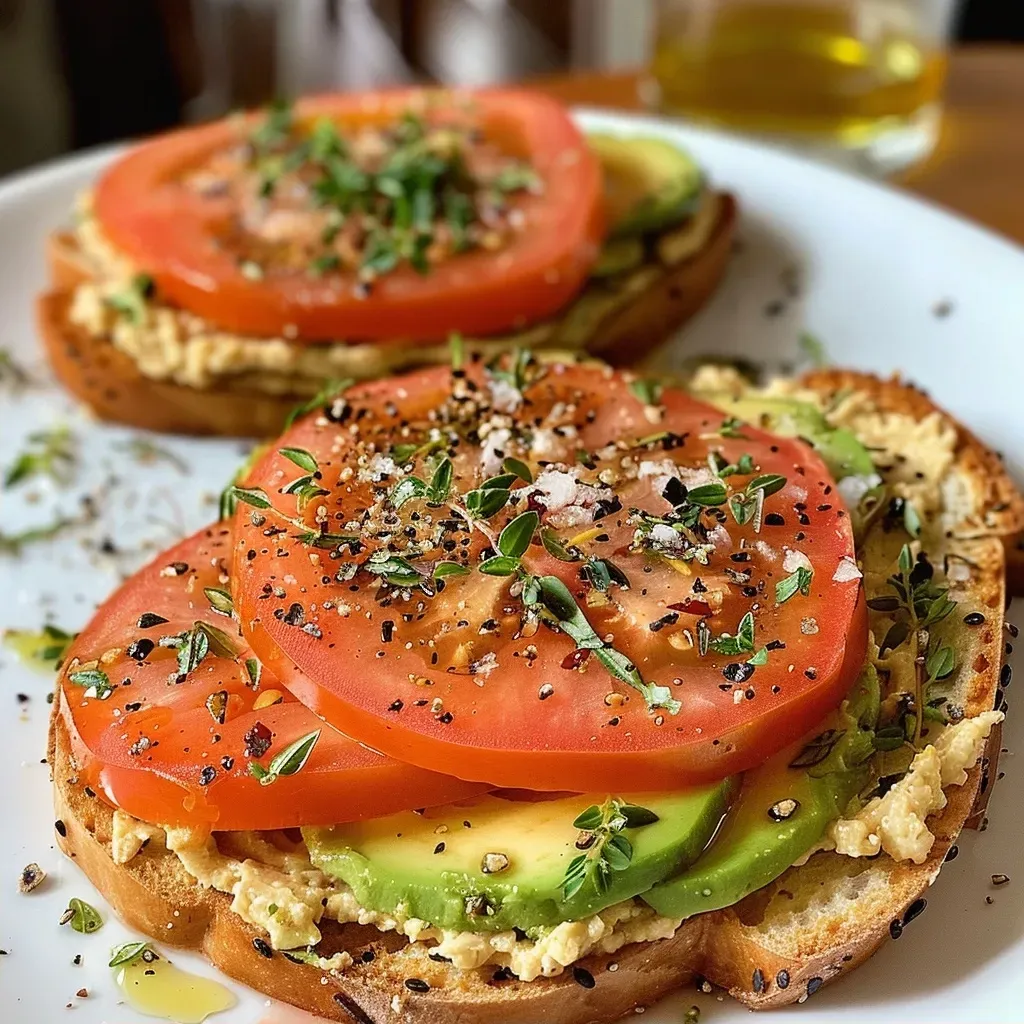 ['Tostadas de aguacate y hummus con rodajas de tomate.', 'Close up de tostadas de pan integral con hummus y aguacate.', 'Detalle de tostadas con hummus, aguacate y especias.', 'Aperitivo de tostadas de aguacate y hummus adornadas con orégano.']