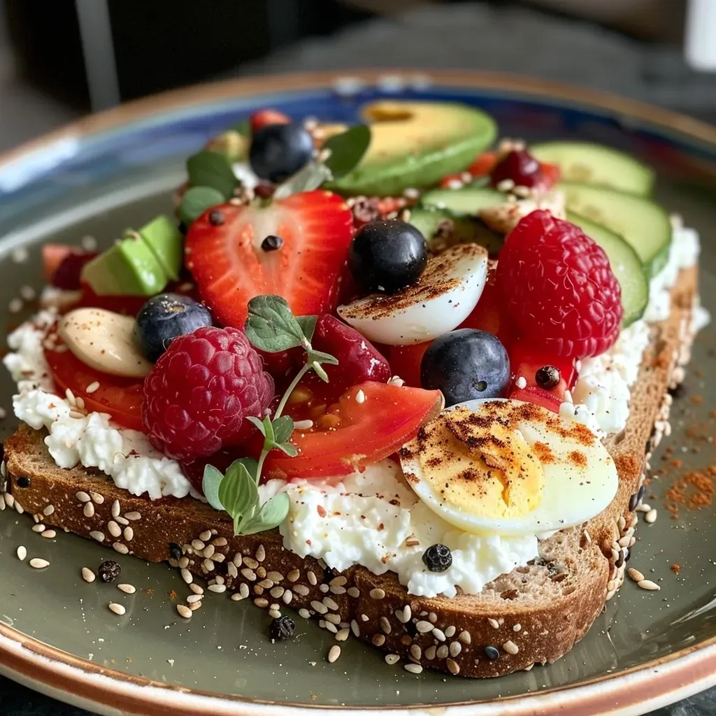 Tostada de requesón con frutas y aguacate.