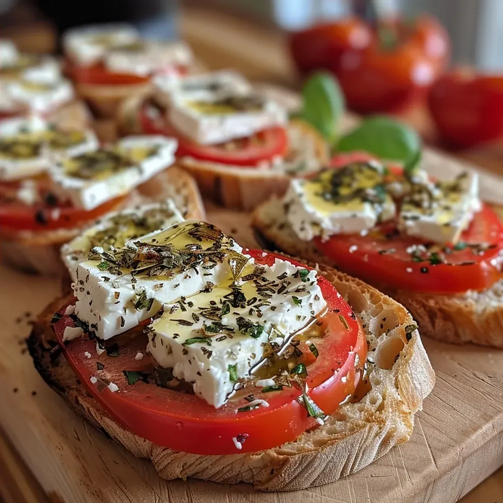 ['Tostadas de tomate y feta en un plato.', 'Vista lateral de tostadas con tomate y queso feta.', 'Primer plano de tostadas de tomate y feta.', 'Tostadas de pan con rodajas de tomate y feta.']