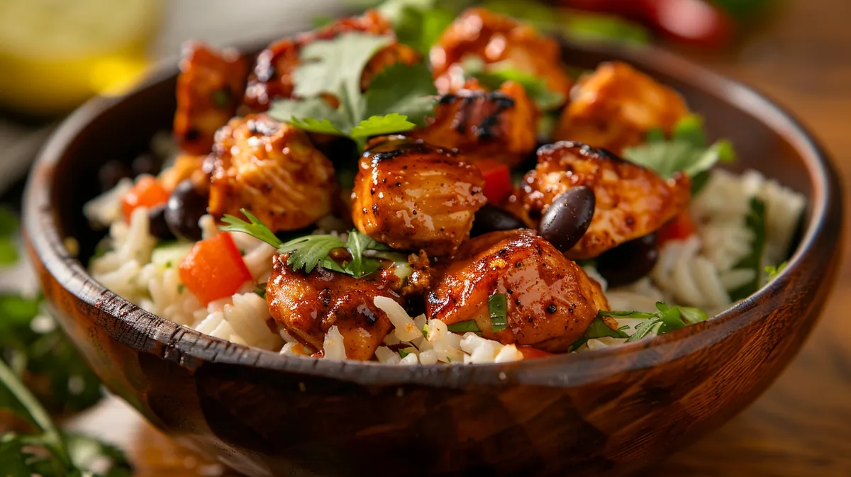 ['Bowl de pollo al chipotle con arroz, frijoles negros y cilantro.', 'Vista lateral de un delicioso Chipotle Chicken Bowl con ingredientes frescos.', 'Plato de pollo al chipotle acompañado de arroz y frijoles en un bowl.', 'Primer plano de un Chipotle Chicken Bowl jugoso y colorido.']