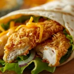 ['Wrap Poulet Ranch presentado de lado, mostrando ingredientes frescos.', 'Vista lateral de un delicioso Wrap Poulet Ranch con pollo y verduras.', 'Primer plano de Wrap Poulet Ranch con textura jugosa y colorido.', 'Wrap Poulet Ranch con ingredientes como pollo empanizado y ensalada.']