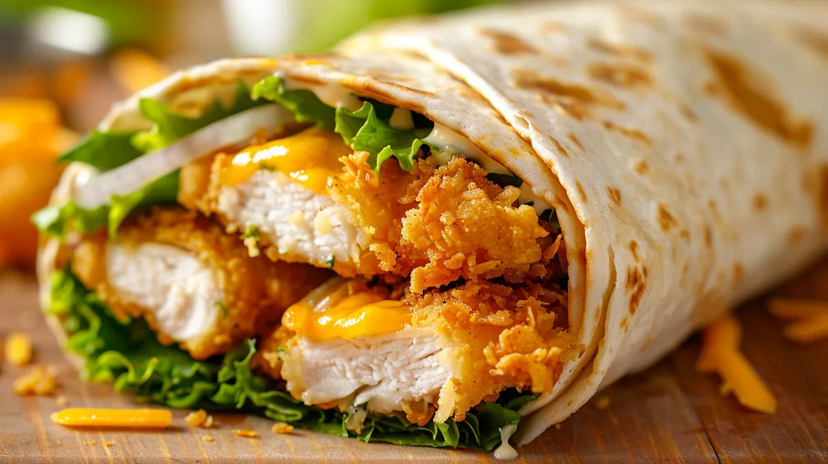 ['Wrap Poulet Ranch presentado de lado, mostrando ingredientes frescos.', 'Vista lateral de un delicioso Wrap Poulet Ranch con pollo y verduras.', 'Primer plano de Wrap Poulet Ranch con textura jugosa y colorido.', 'Wrap Poulet Ranch con ingredientes como pollo empanizado y ensalada.']