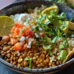 ['Tazón de burrito con lentejas, arroz y vegetales frescos.', 'Plato de lentejas estilo burrito con ingredientes coloridos.', 'Burrito bowl de lentejas con arroz y guarniciones variadas.', 'Receta de burrito bowl de lentejas con ingredientes saludables.']