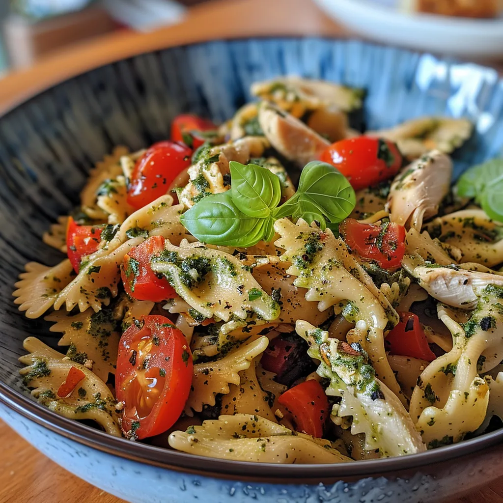 ['Ensalada de pasta con pesto rosso y pollo a la parrilla.', 'Detalle de un plato de ensalada de pasta con pollo y pesto.', 'Ensalada de farfalle con pesto rosso y trozos de pollo.', 'Primer plano de una ensalada de pasta con ingredientes frescos.']