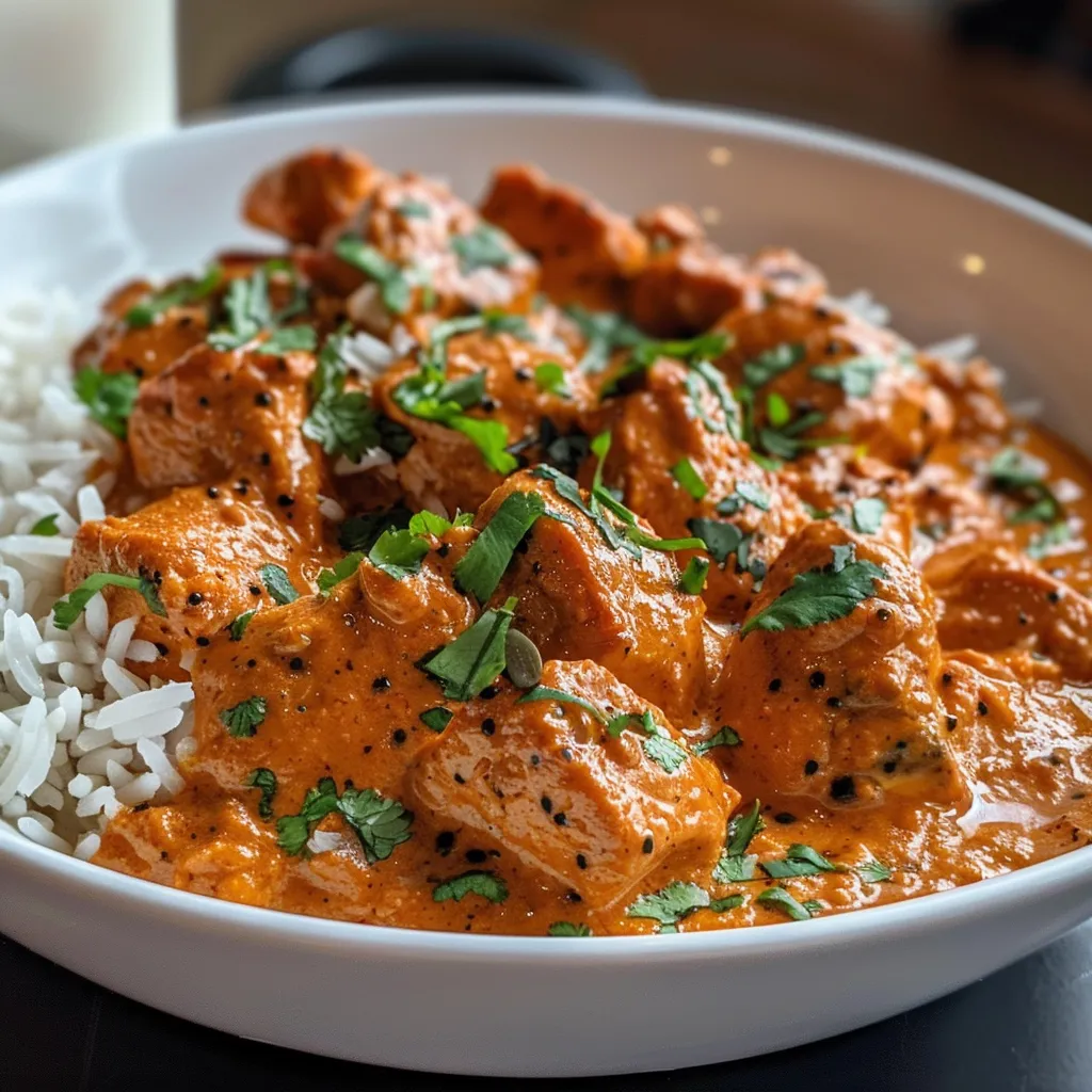 ['Plato de Pollo Tikka Masala con salsa cremosa y especias.', 'Primer plano de un delicioso Pollo Tikka Masala en un tazón.', 'Pollo Tikka Masala servido con arroz y cilantro fresco.', 'Vista lateral de un plato de Pollo Tikka Masala con ingredientes visibles.']