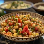 ['Ensalada de garbanzos con tomate, pepino y aguacate.', 'Primer plano de una ensalada colorida de garbanzos con ingredientes frescos.', 'Detalle de una ensalada de garbanzos con feta y cilantro.', 'Vista lateral de una ensalada de garbanzos con vegetales frescos.']