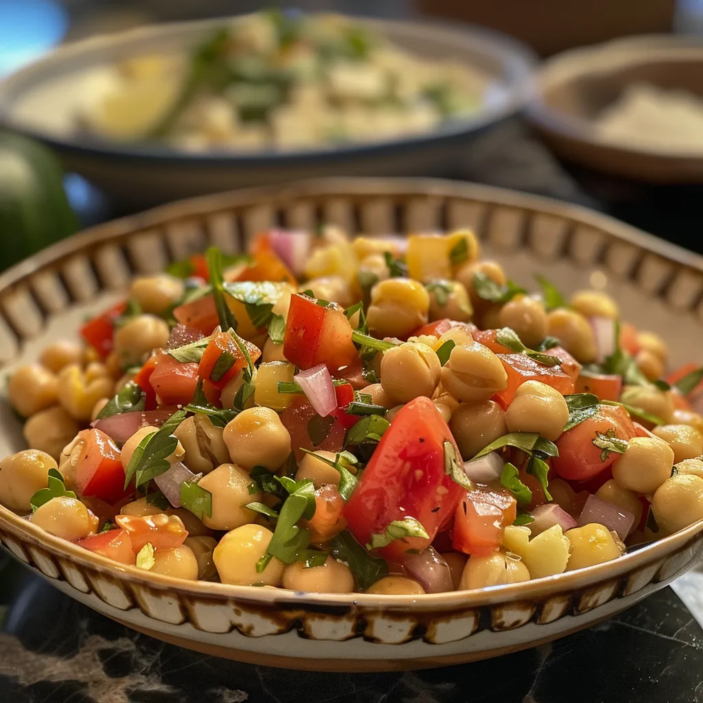 ['Ensalada de garbanzos con tomate, pepino y aguacate.', 'Primer plano de una ensalada colorida de garbanzos con ingredientes frescos.', 'Detalle de una ensalada de garbanzos con feta y cilantro.', 'Vista lateral de una ensalada de garbanzos con vegetales frescos.']