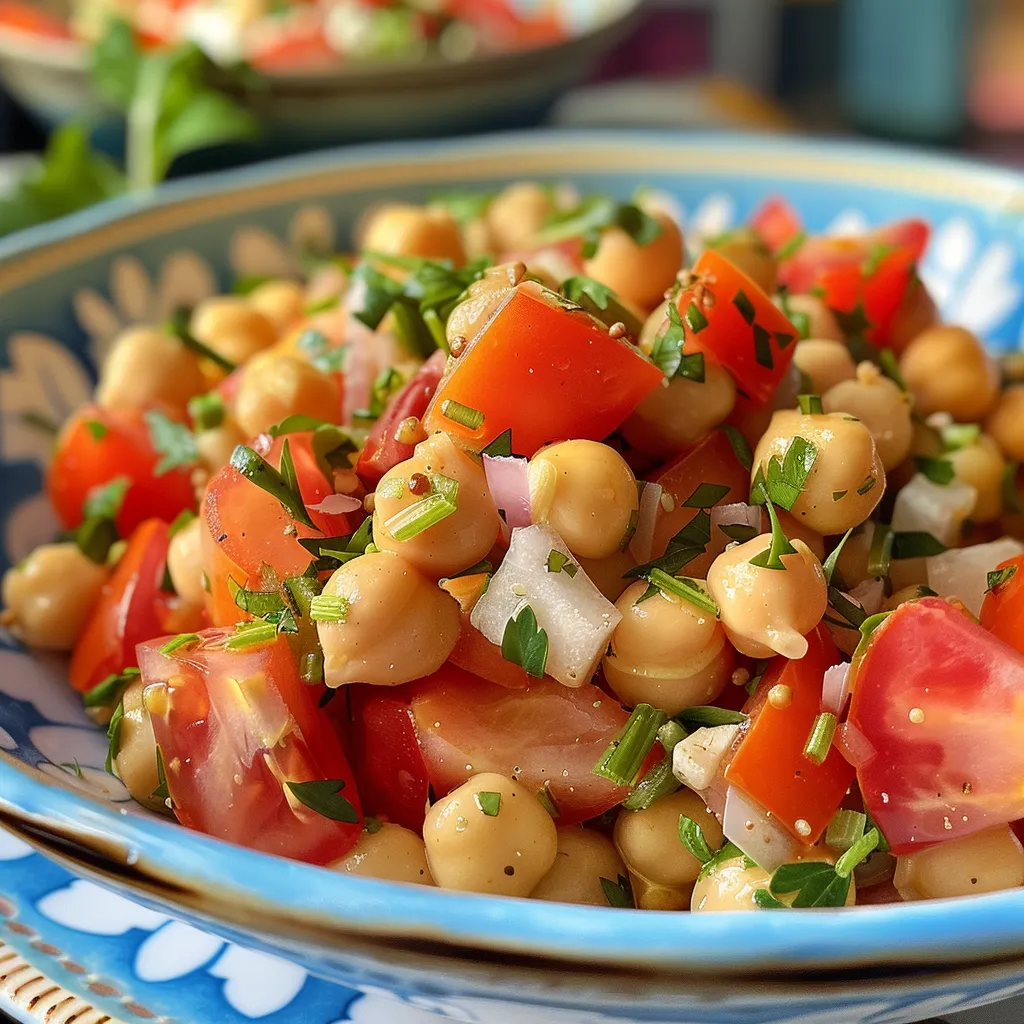 Ensalada de garbanzos con tomate, pepino y aguacate.