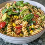 ['Ensalada de pasta con aguacate y vegetales frescos.', 'Close up de ensalada de pasta rotini con aguacate.', 'Ensalada colorida de pasta con aguacate y tomates cherry.', 'Detalle de ensalada de pasta con ingredientes frescos.']