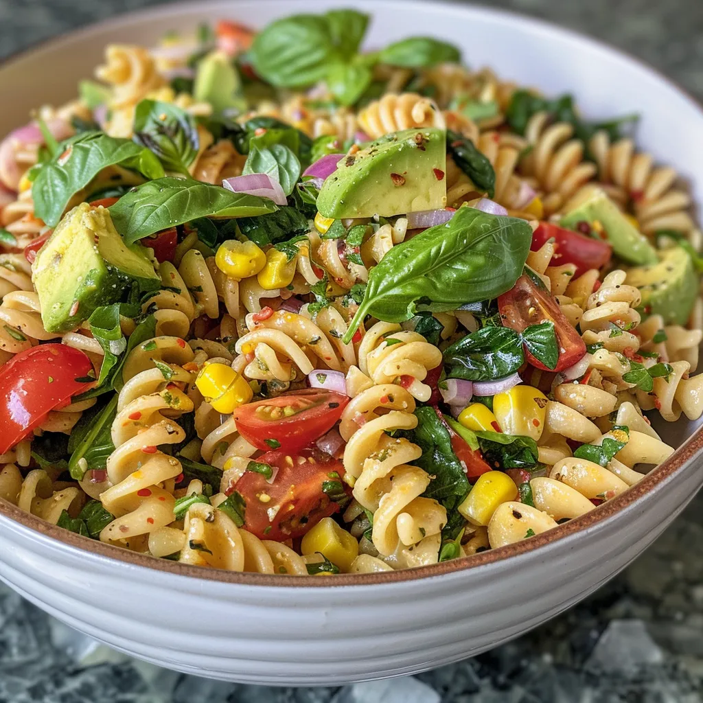 ['Ensalada de pasta con aguacate y vegetales frescos.', 'Close up de ensalada de pasta rotini con aguacate.', 'Ensalada colorida de pasta con aguacate y tomates cherry.', 'Detalle de ensalada de pasta con ingredientes frescos.']
