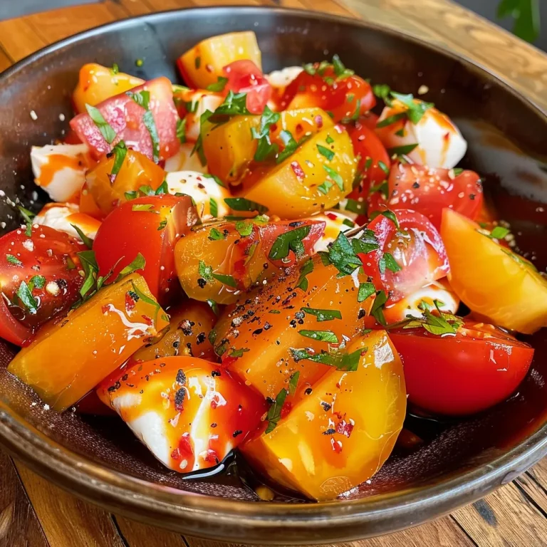 ['Ensalada de melocotón y tomate con mozzarella y rúcula.', 'Primer plano de una ensalada fresca de melocotón y tomate.', 'Ensalada colorida de melocotón, tomate y hojas verdes.', 'Composición de ingredientes frescos en una ensalada vibrante.']