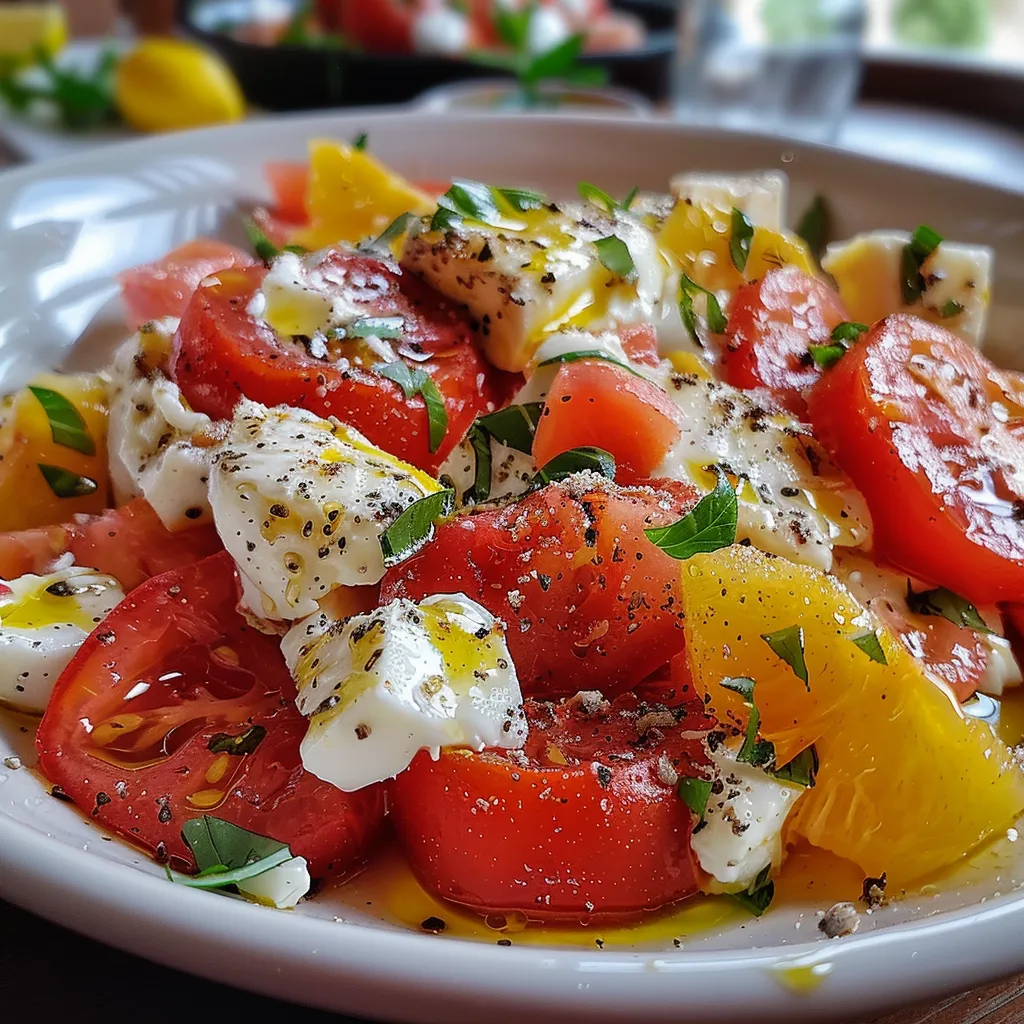 ['Ensalada de melocotón y tomate con mozzarella y rúcula.', 'Primer plano de una ensalada fresca de melocotón y tomate.', 'Ensalada colorida de melocotón, tomate y hojas verdes.', 'Composición de ingredientes frescos en una ensalada vibrante.']