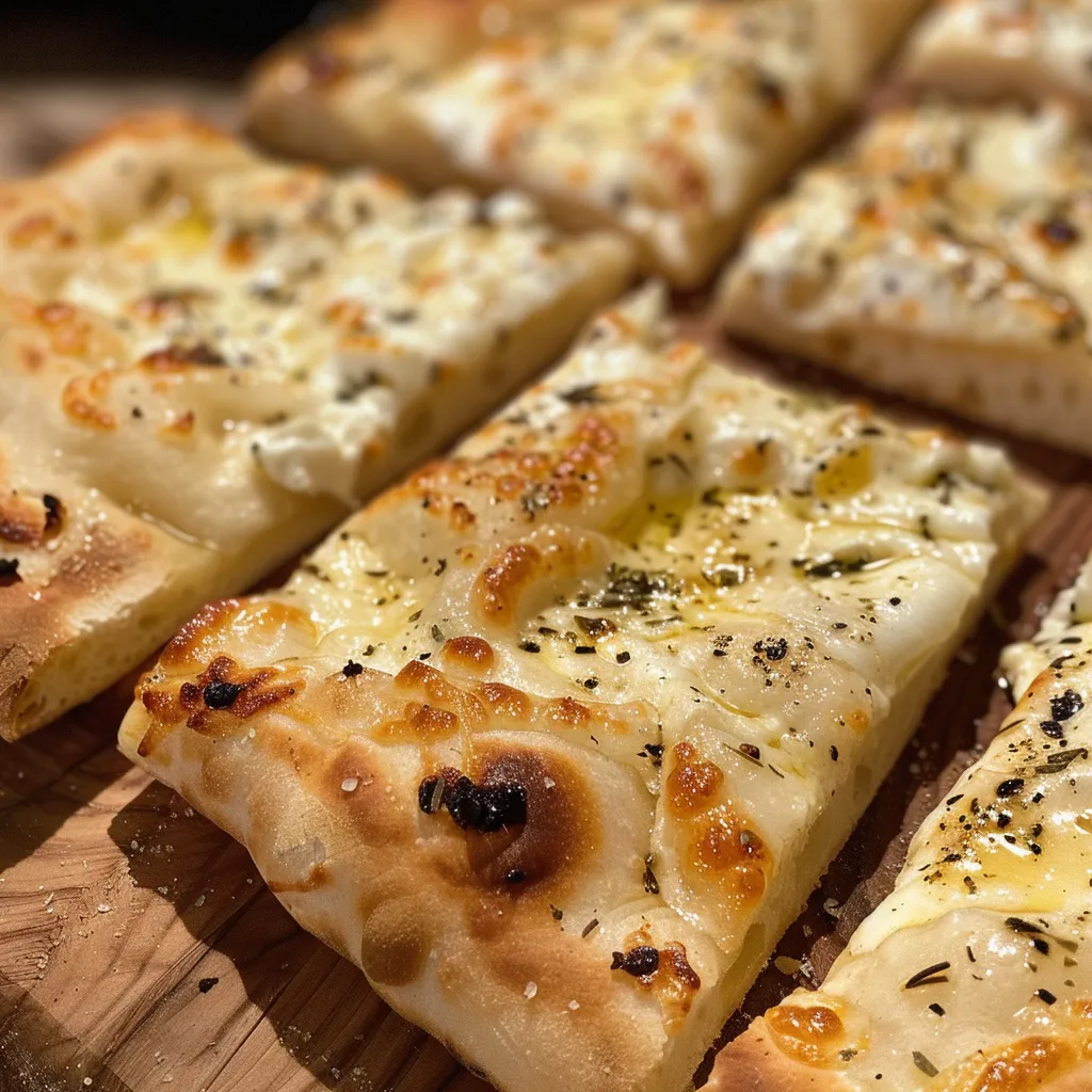 ['Pizza bianca con ricotta y mozzarella vista lateral.', 'Primer plano de pizza bianca con ingredientes frescos.', 'Deliciosa pizza blanca con ricotta y ajo.', 'Vista de una pizza bianca con quesos y hierbas.']