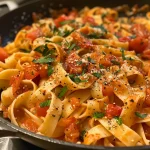 ['Pasta al horno con ajo y tomate, vista lateral.', 'Primer plano de un plato de pasta con tomates y ajo.', 'Pasta con ajo y tomates asados, presentada en un plato.', 'Fettuccini con ajo y tomate, con textura jugosa.']