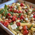 ['Pasta al horno con feta y garbanzos acompañada de tomates cherry.', 'Primer plano de un plato de pasta al horno con feta y garbanzos.', 'Pasta horneada con feta, garbanzos y tomates en un plato.', 'Detalle de pasta con feta y garbanzos, decorada con albahaca fresca.']