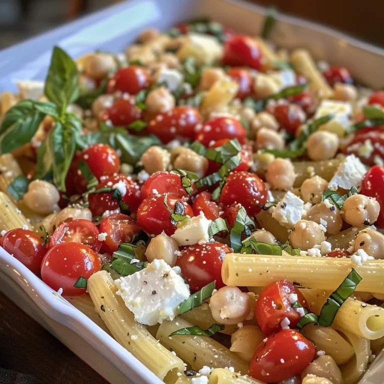 ['Pasta al horno con feta y garbanzos acompañada de tomates cherry.', 'Primer plano de un plato de pasta al horno con feta y garbanzos.', 'Pasta horneada con feta, garbanzos y tomates en un plato.', 'Detalle de pasta con feta y garbanzos, decorada con albahaca fresca.']