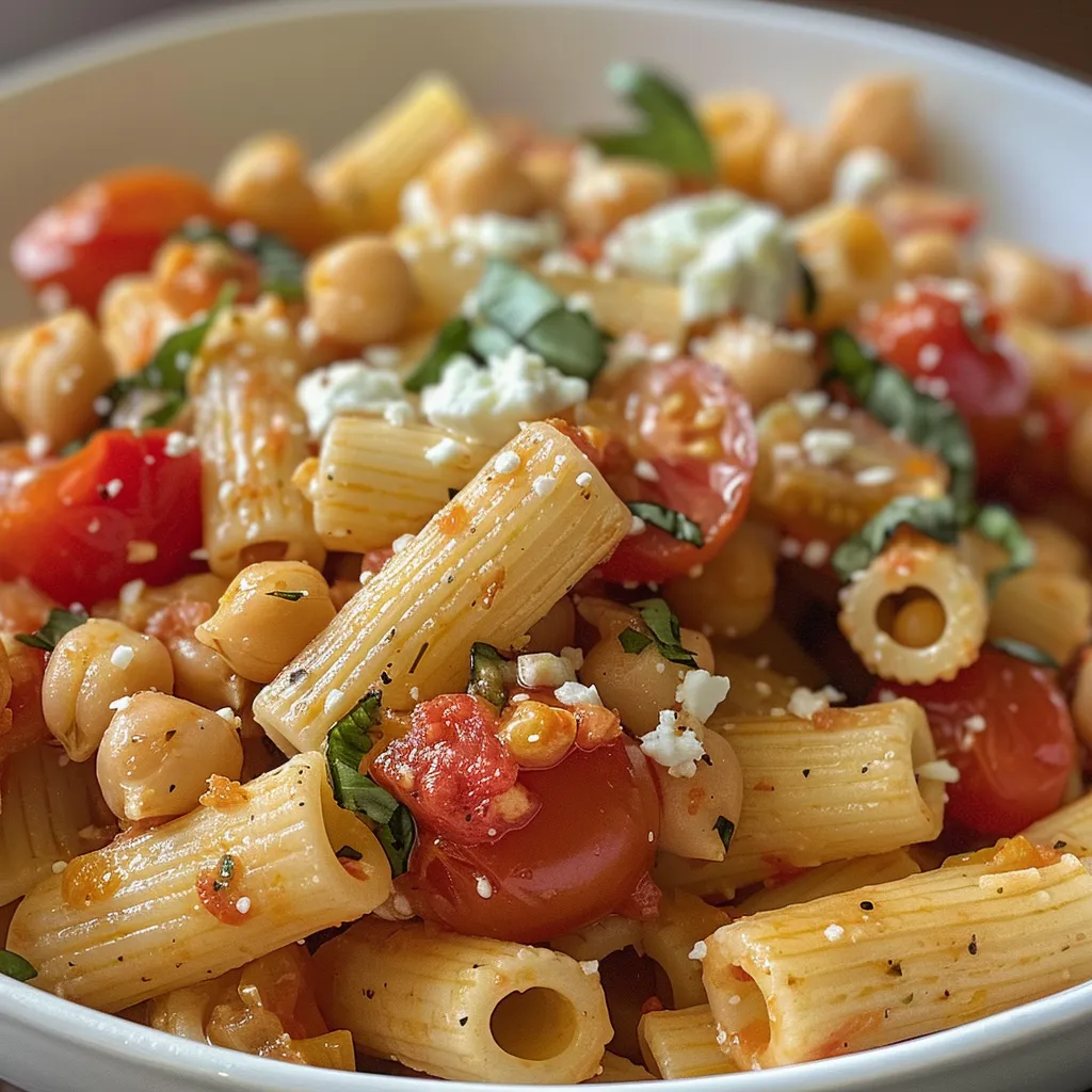 ['Pasta al horno con feta y garbanzos acompañada de tomates cherry.', 'Primer plano de un plato de pasta al horno con feta y garbanzos.', 'Pasta horneada con feta, garbanzos y tomates en un plato.', 'Detalle de pasta con feta y garbanzos, decorada con albahaca fresca.']