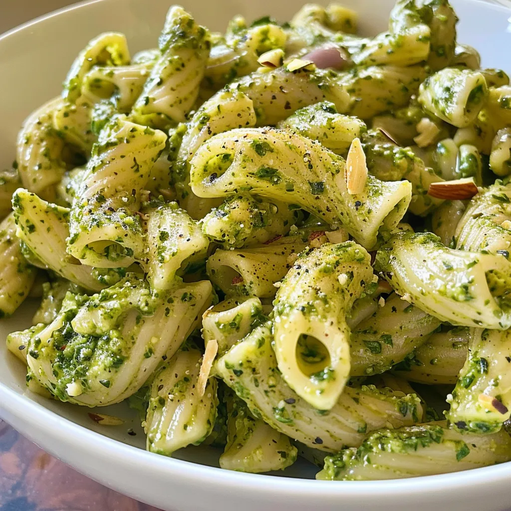 ['Pasta con pesto de cilantro cremoso en primer plano.', 'Detalle de un plato de pasta con salsa de pesto de cilantro.', 'Pasta en un cuenco con pesto cremoso de cilantro.', 'Vista lateral de pasta con salsa de cilantro y almendras.']