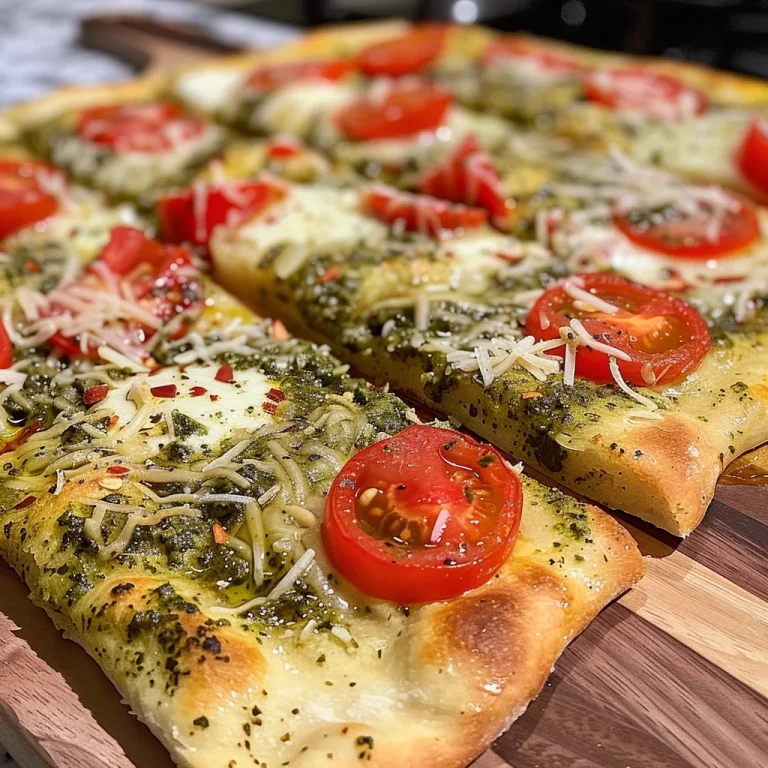 ['Pizza de flatbread con pesto, tomates y queso en primer plano.', 'Close up de una deliciosa pizza de flatbread con pesto y vegetales.', 'Vista lateral de una pizza con cobertura de pesto y queso derretido.', 'Flatbread pizza con ingredientes frescos, incluyendo pesto y tomate.']