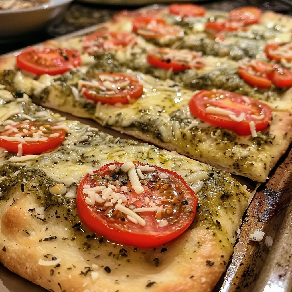['Pizza de flatbread con pesto, tomates y queso en primer plano.', 'Close up de una deliciosa pizza de flatbread con pesto y vegetales.', 'Vista lateral de una pizza con cobertura de pesto y queso derretido.', 'Flatbread pizza con ingredientes frescos, incluyendo pesto y tomate.']