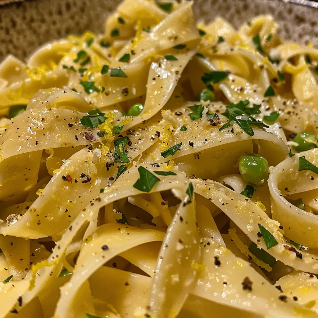 Tazón de pasta de limón y ajo con guisantes.