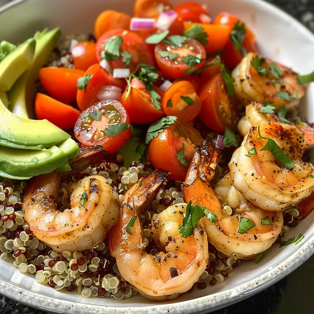 Tazón de quinoa con camarones y vegetales frescos.