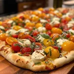 ['Pizza Caprese con tomates frescos y mozzarella.', 'Primer plano de una pizza Caprese recién horneada.', 'Vista lateral de una pizza Caprese con albahaca.', 'Pizza Caprese con ingredientes frescos y coloridos.']