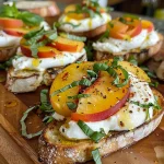 ['Tostadas Caprese de Durazno con burrata y albahaca.', 'Vista lateral de tostadas con durazno y queso burrata.', 'Primer plano de tostadas Caprese de durazno con ingredientes frescos.', 'Tostadas de pan de masa madre con durazno y burrata.']