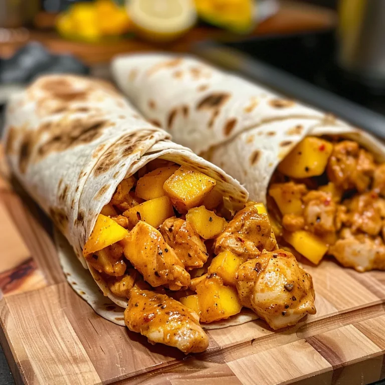 ['Wraps de pollo al curry con mango en primer plano.', 'Deliciosos wraps de solomillo de pollo al curry y mango.', 'Vista lateral de wraps de pollo al curry y dados de mango.', 'Wraps de solomillo de pollo acompañados de ingredientes frescos.']