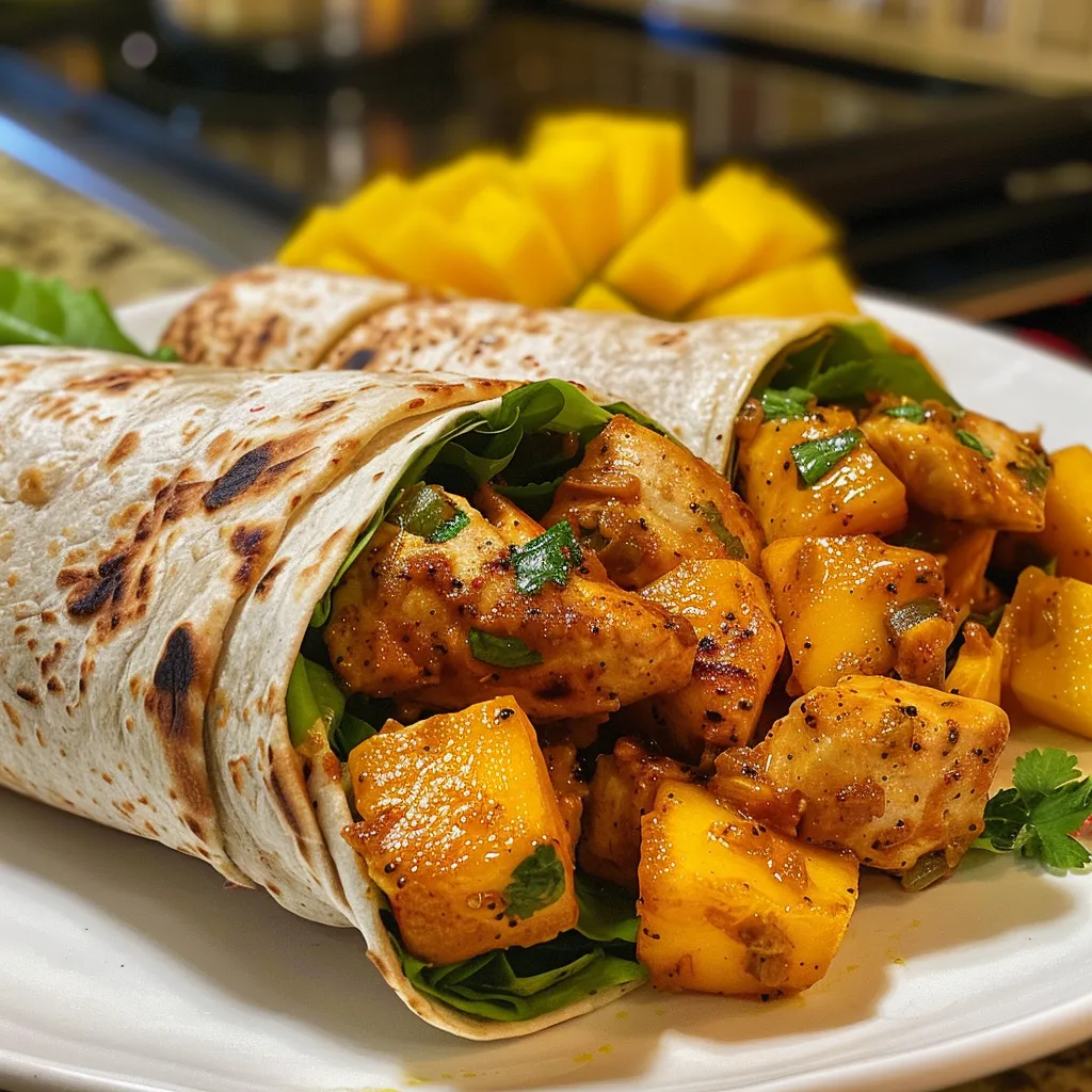['Wraps de pollo al curry con mango en primer plano.', 'Deliciosos wraps de solomillo de pollo al curry y mango.', 'Vista lateral de wraps de pollo al curry y dados de mango.', 'Wraps de solomillo de pollo acompañados de ingredientes frescos.']