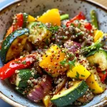 ['Tazón de verduras a la parrilla con quinoa y aderezo fresco.', 'Primer plano de un delicioso tazón de quinoa y verduras asadas.', 'Tazón colorido de quinoa con vegetales asados y hierbas.', 'Combinación vibrante de quinoa y verduras grilladas en un tazón.']