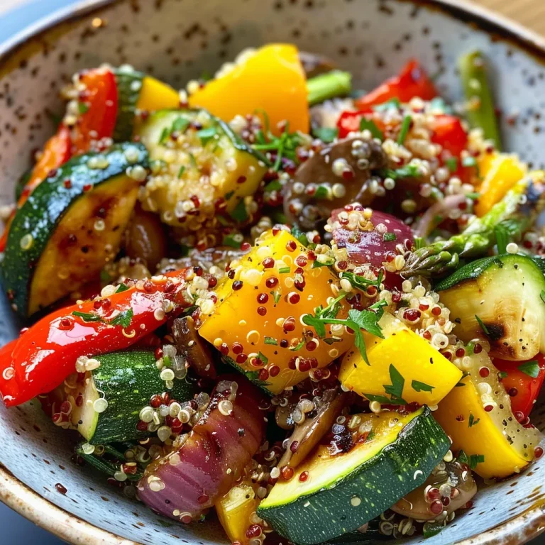 ['Tazón de verduras a la parrilla con quinoa y aderezo fresco.', 'Primer plano de un delicioso tazón de quinoa y verduras asadas.', 'Tazón colorido de quinoa con vegetales asados y hierbas.', 'Combinación vibrante de quinoa y verduras grilladas en un tazón.']