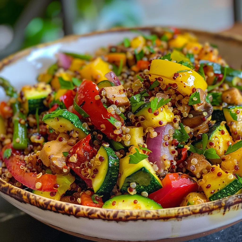 ['Tazón de verduras a la parrilla con quinoa y aderezo fresco.', 'Primer plano de un delicioso tazón de quinoa y verduras asadas.', 'Tazón colorido de quinoa con vegetales asados y hierbas.', 'Combinación vibrante de quinoa y verduras grilladas en un tazón.']