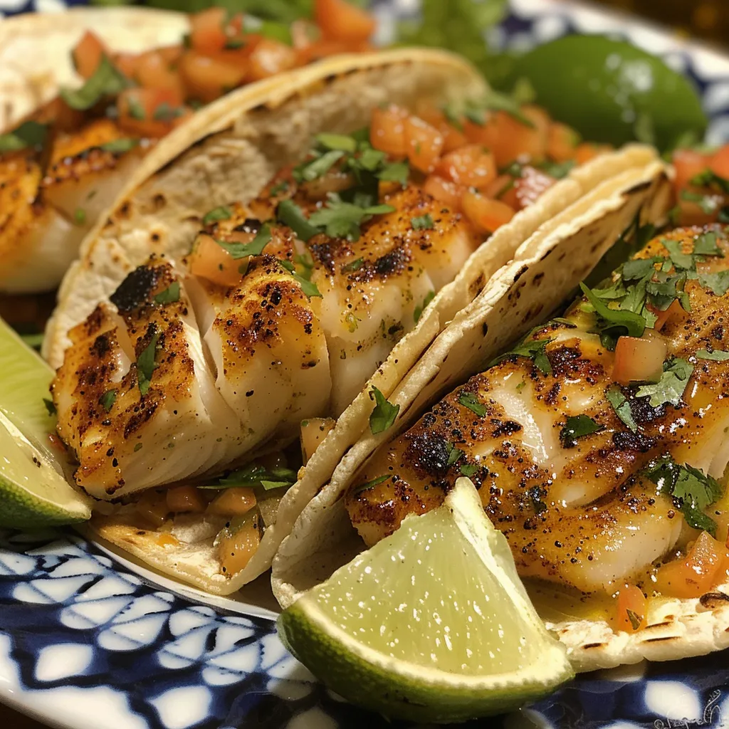 ['Primer plano de Tacos de pescado estilo Baja California con ingredientes frescos.', 'Tacos de pescado servidos con col morada en un plato.', 'Vista lateral de Tacos de pescado, mostrando su jugosidad y presentación.', 'Tacos de pescado estilo Baja en una mesa, listos para disfrutar.']