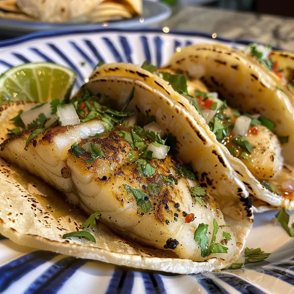 ['Primer plano de Tacos de pescado estilo Baja California con ingredientes frescos.', 'Tacos de pescado servidos con col morada en un plato.', 'Vista lateral de Tacos de pescado, mostrando su jugosidad y presentación.', 'Tacos de pescado estilo Baja en una mesa, listos para disfrutar.']