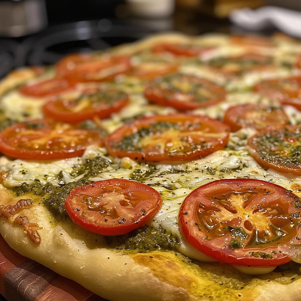 ['Pizza de pesto con ingredientes frescos y gruesas rodajas de tomate.', 'Vista lateral de una pizza de pesto recién horneada con mozzarella.', 'Detalle de una deliciosa pizza de pesto, cubierta con tomate y queso.', 'Close-up de pizza de pesto con borde dorado y jugoso.']